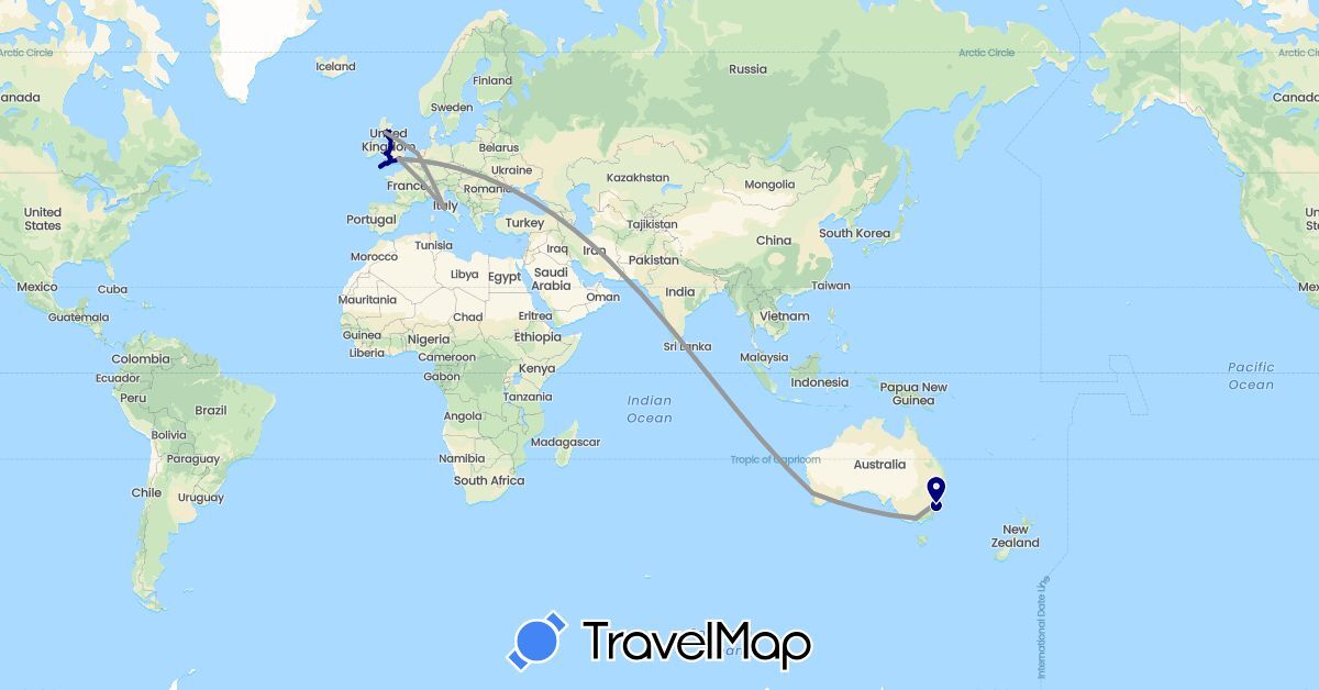 TravelMap itinerary: driving, plane in Australia, United Kingdom, Italy, Netherlands (Europe, Oceania)